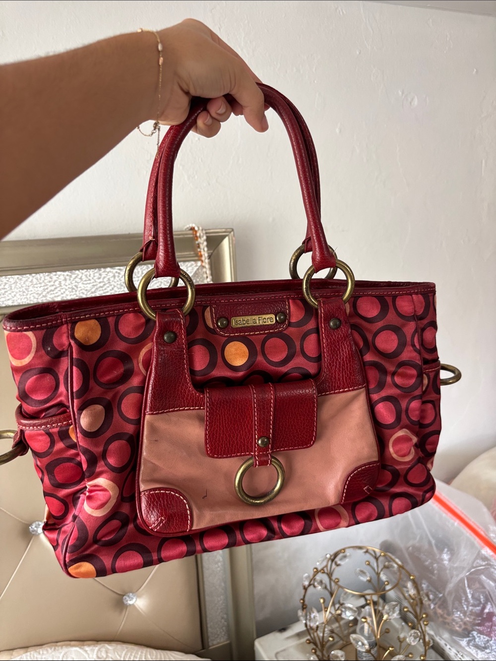 Isabella Fiore Red and Pink Circle-Print Tote with Ring Detail